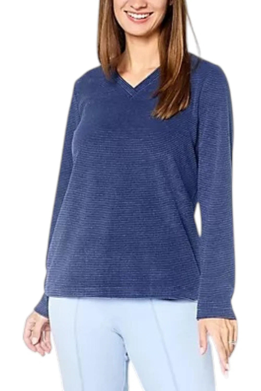 Denim & Co. Essentials V-Neck Chenille Long Slve Top Navy - Petite